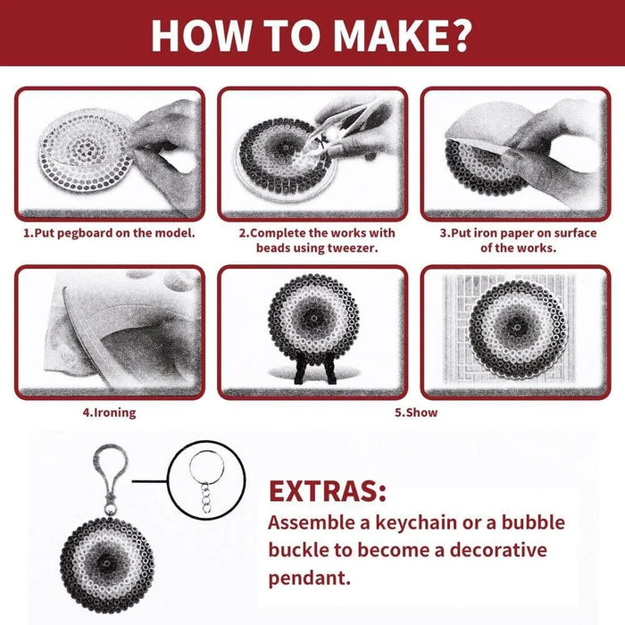 Step-by-step guide for making iron bead art with pegboards, tweezers, ironing, and keychain.