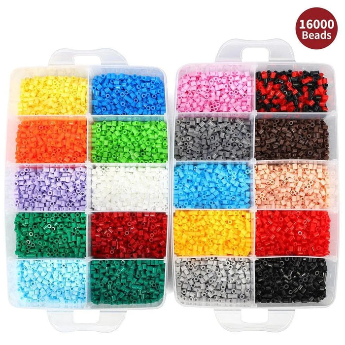 16000-piece iron bead art set with assorted colorful beads in clear storage box compartments