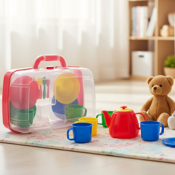 Colorful kids tea set with cups, teapot, and carry case on play mat with teddy bear