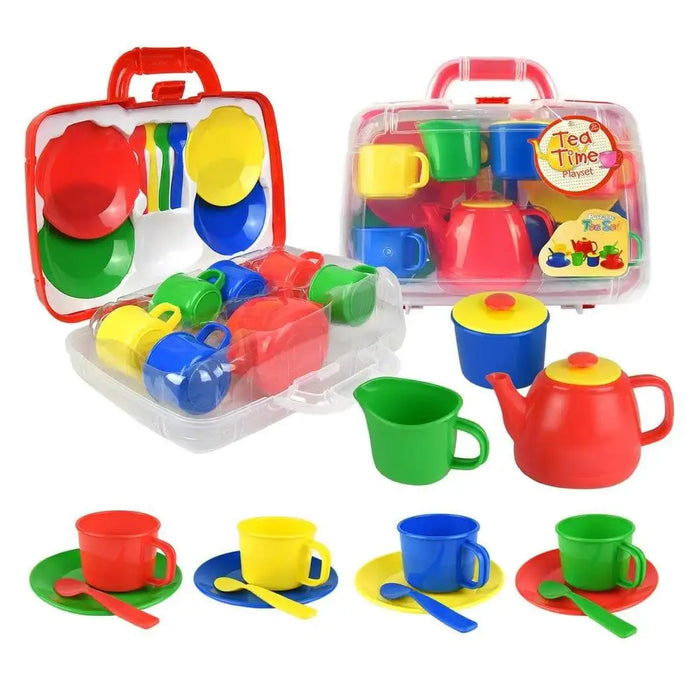 Colorful 17-piece kids tea set with carry case, cups, plates, teapot, and utensils.