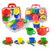 Colorful 17-piece kids tea set with carry case, cups, plates, teapot, and utensils.