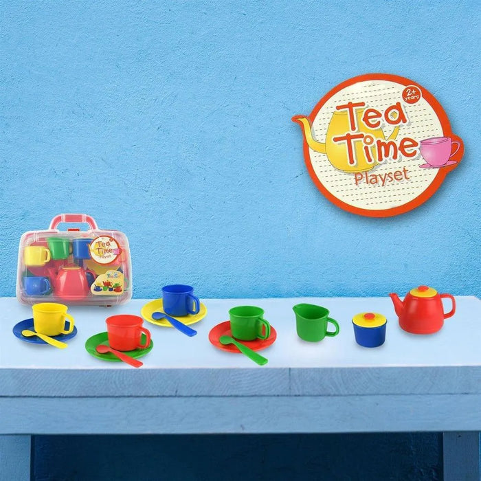 Colorful kids tea set with cups, teapot, spoons, and carry case on blue table