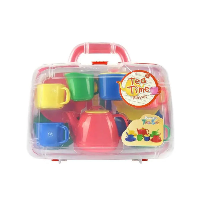 Colorful kids' tea set with cups and teapot in a clear plastic carrying case