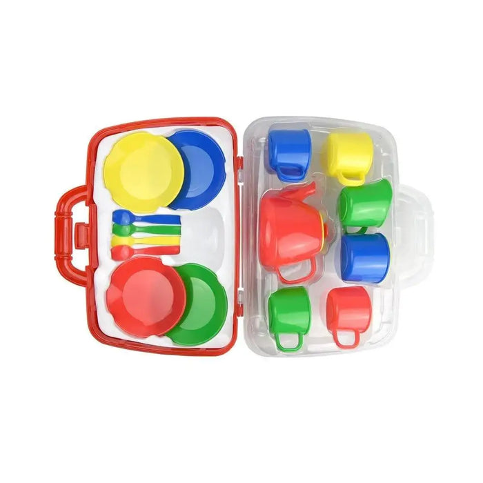 Colorful 17-piece kids tea set with cups, plates, teapot, and spoons in a red carry case