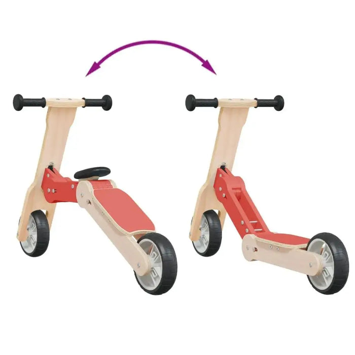 Red and black 2-in-1 kids scooter and balance bike with convertible wooden frame