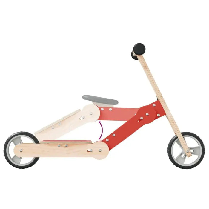 2-in-1 red and black kids scooter and balance bike with wooden frame and grey wheels