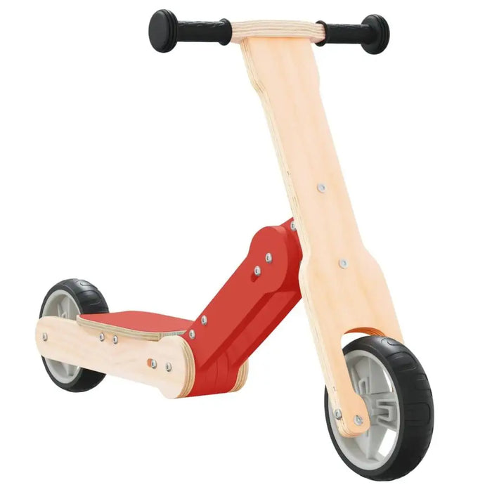 Red and wood convertible 2-in-1 kids scooter and balance bike with black handles