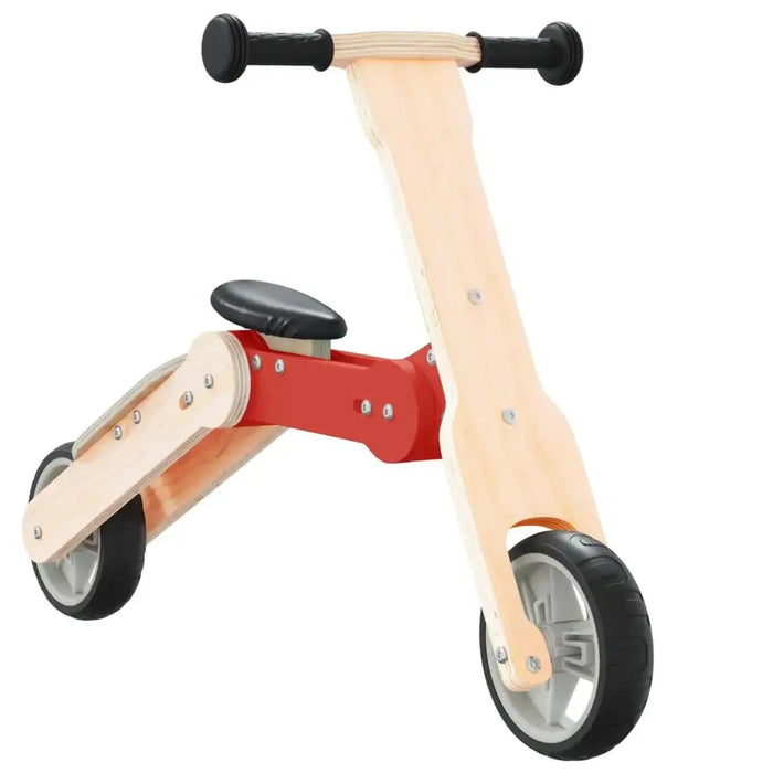 Red and black 2-in-1 kids scooter and balance bike with wooden frame and three wheels