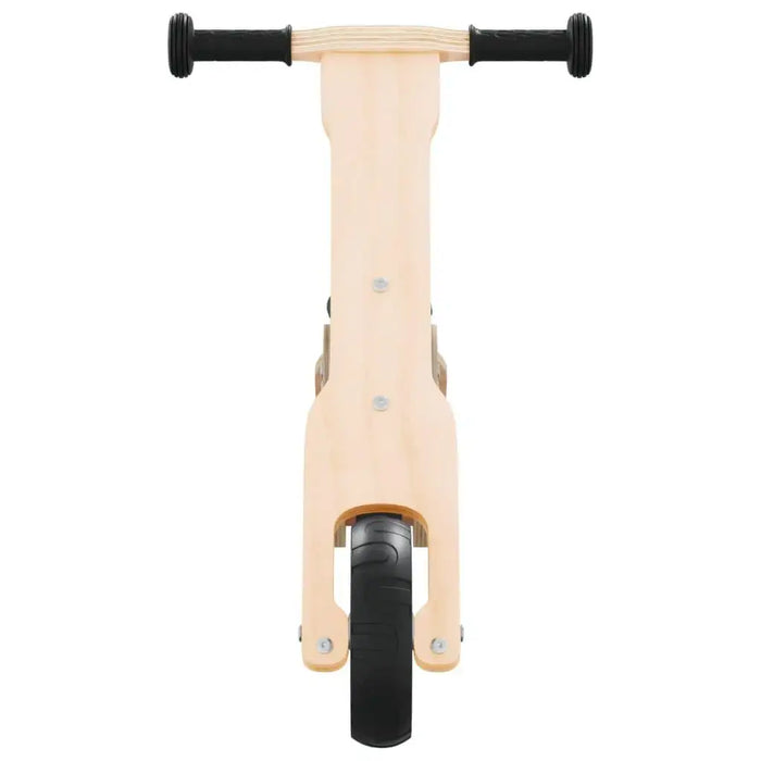 Front view of a wooden kids' balance bike with black rubber handle grips and front wheel