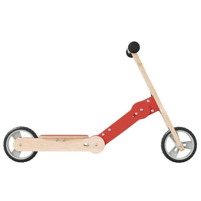 Red and natural wood 2-in-1 kids scooter and balance bike with black wheels
