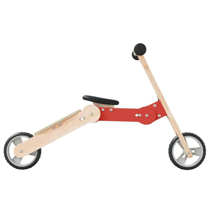 Red and natural wood 2-in-1 kids convertible scooter and balance bike with black wheels