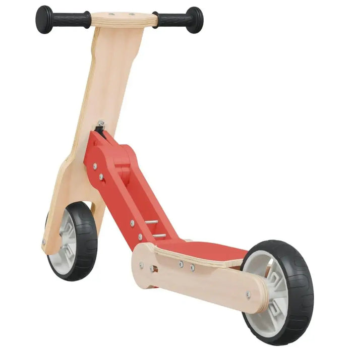 Red and wood 2-in-1 kids scooter and balance bike with black handles, three wheels