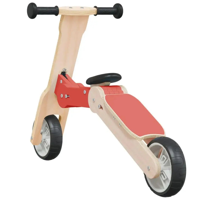 Red and black convertible 2-in-1 kids scooter and balance bike with wooden frame