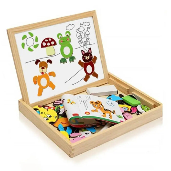 2-in-1 magnetic wooden puzzle board with animal magnets and doodle set