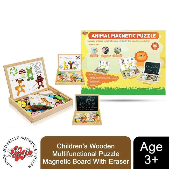 Children's wooden magnetic puzzle board set with animal pieces and reversible drawing surface