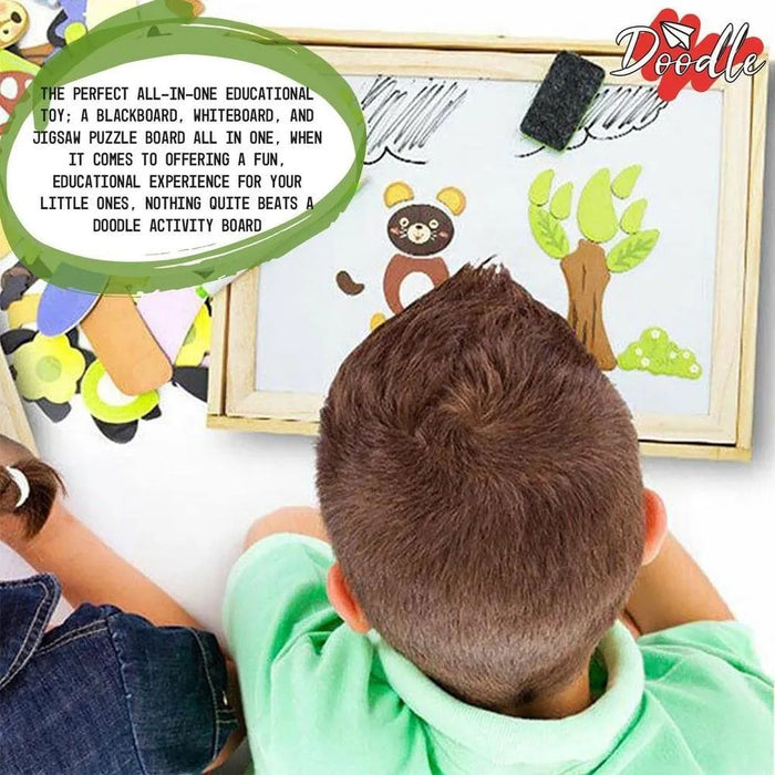 Kids playing with a 2-in-1 magnetic wooden puzzle board with animal and tree pieces.