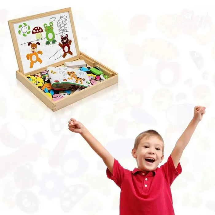 Magnetic wooden puzzle board toy set with animal pieces and happy child in red shirt