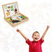 Magnetic wooden puzzle board toy set with animal pieces and happy child in red shirt