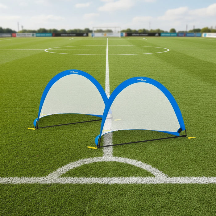 2-pack mini blue and black football goals on grass field, steel and fiberglass frame