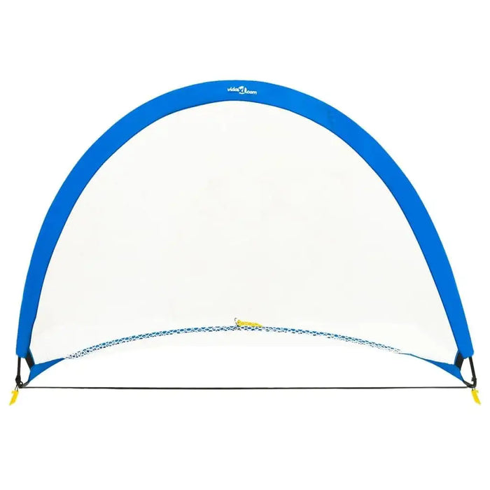 Blue and black mini football goal with steel and fibreglass frame on white background