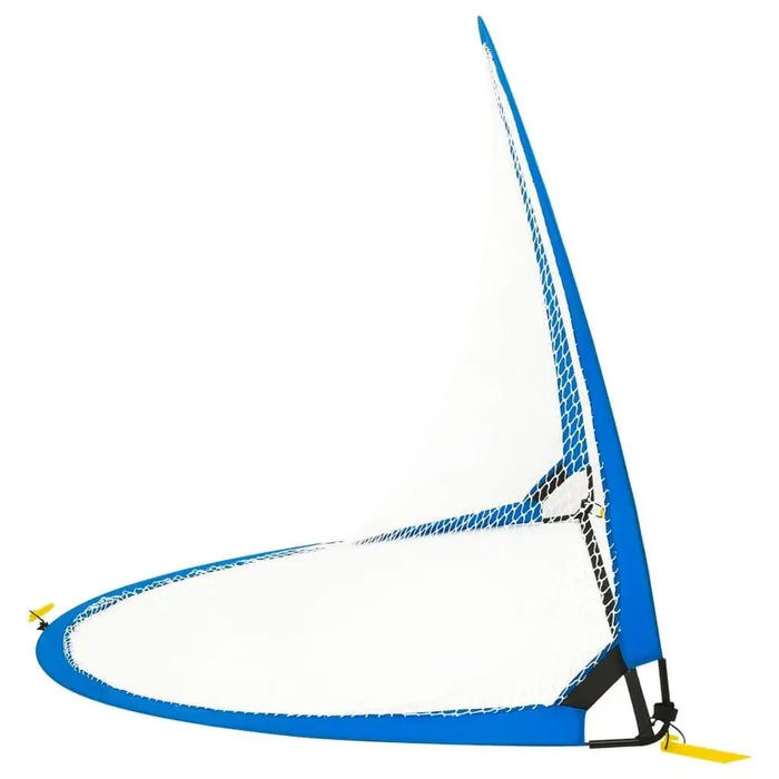 Blue and black mini football goal with steel and fibreglass frame on white background