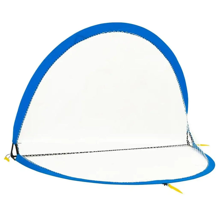 Mini blue and black football goal with net, steel and fibreglass frame, on white background