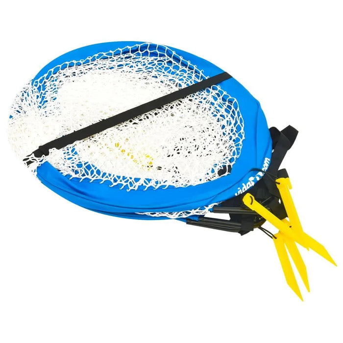 Folded blue and black mini football goal set with white net and yellow stakes.