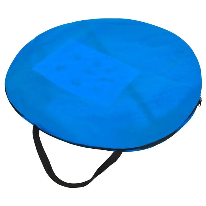 Round blue carrying bag with black handle for mini football goal set