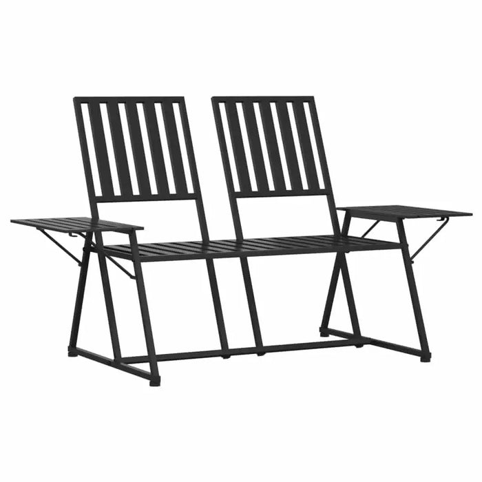 Black metal 2-seater garden bench with slatted back and foldable side tables