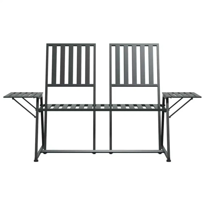 Black metal 2-seater garden bench with steel frame and foldable side tables