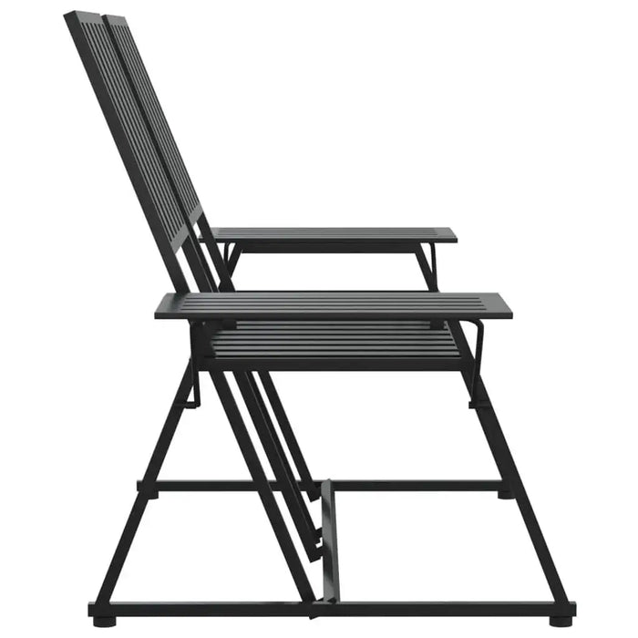 Black steel 2-seater metal garden bench with slatted design and side tables