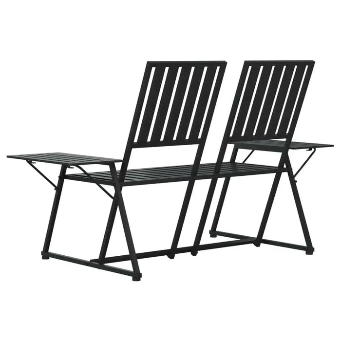 Black metal 2-seater garden bench with slatted back and foldable side tables