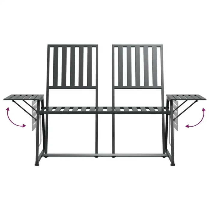 Black metal 2-seater garden bench with slatted seats and foldable side tables