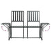 Black metal 2-seater garden bench with slatted seats and foldable side tables