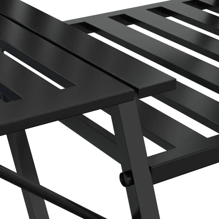 Close-up of black metal 2-seater garden bench with sturdy slatted steel design