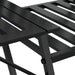 Close-up of black metal 2-seater garden bench with sturdy slatted steel design