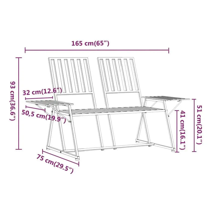 Black metal 2-seater garden bench with side tables, dimensions labeled in centimeters and inches
