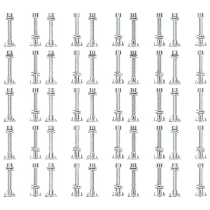 25-piece set of silver climbing stone bolts and anchors arranged in rows on white background