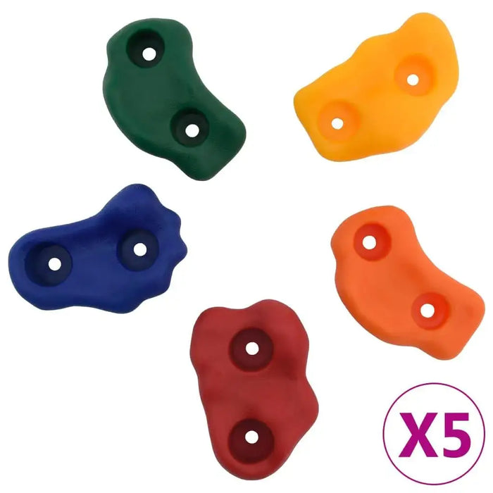 Set of five colorful kids climbing wall holds in red, yellow, green, orange, and blue.