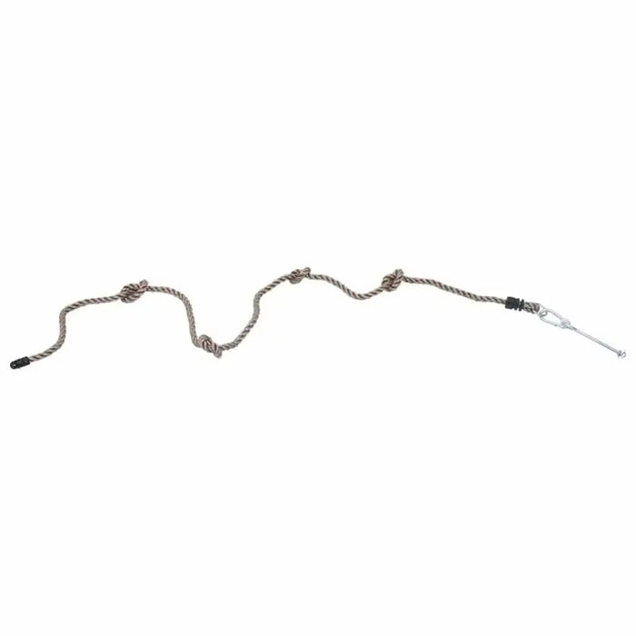 Brown knotted climbing rope with metal hook for kids' outdoor playsets on white background