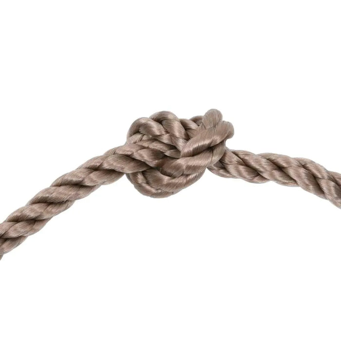 Close-up of thick brown climbing rope with a knot on white background