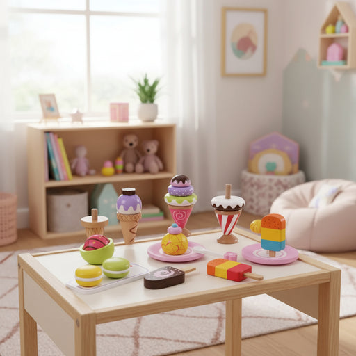 Wooden ice cream and dessert playset with macarons on a table in a cozy kids room