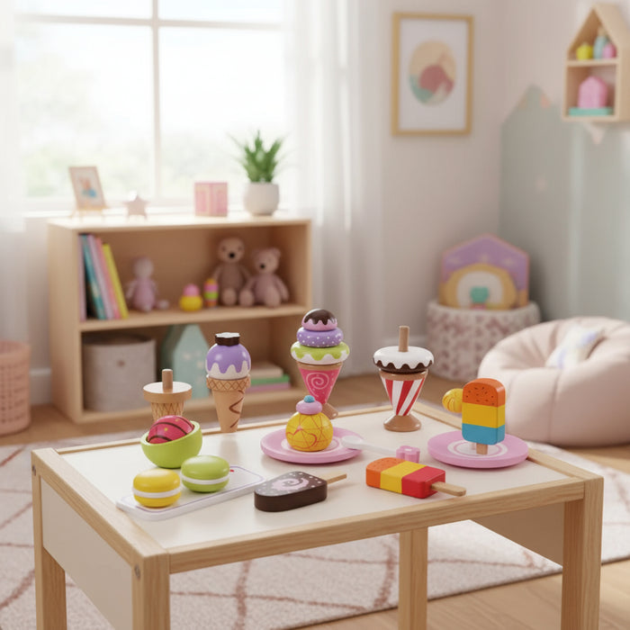 Wooden ice cream and dessert playset with macarons on a table in a cozy kids room