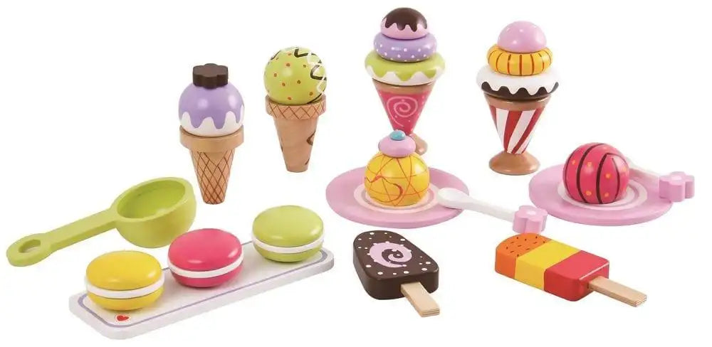 25-piece wooden ice cream and dessert playset with toy cones, macarons, and popsicles on white background
