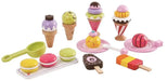 25-piece wooden ice cream and dessert playset with toy cones, macarons, and popsicles on white background