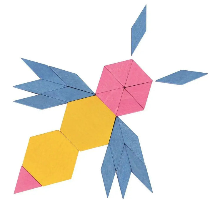 Wooden mosaic pattern blocks in blue, pink, and yellow arranged in a creative shape on white