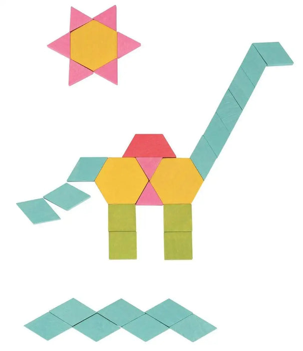 Wooden mosaic blocks form a dinosaur, star, and wave on a white background