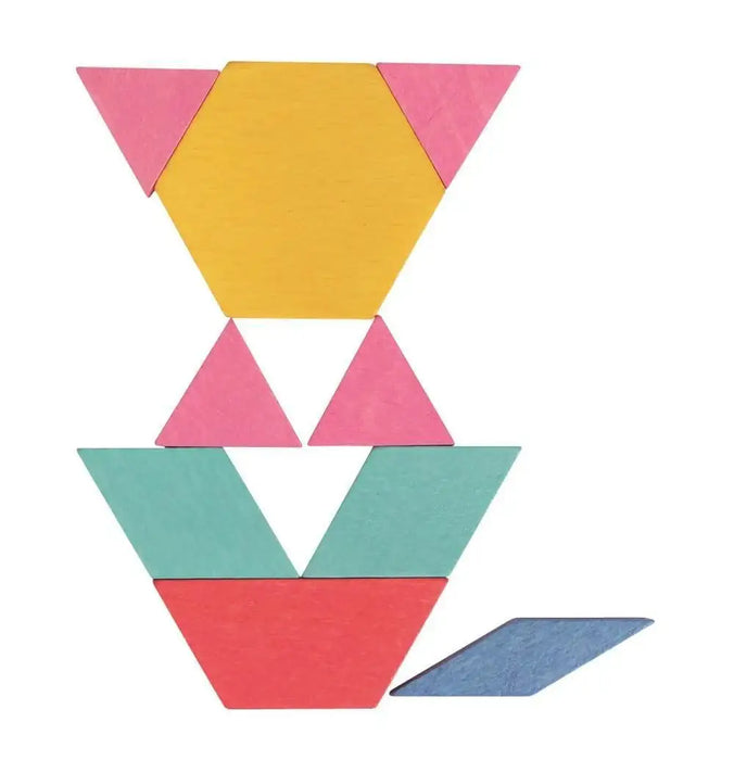 Wooden mosaic blocks in colorful geometric shapes arranged on a white background.