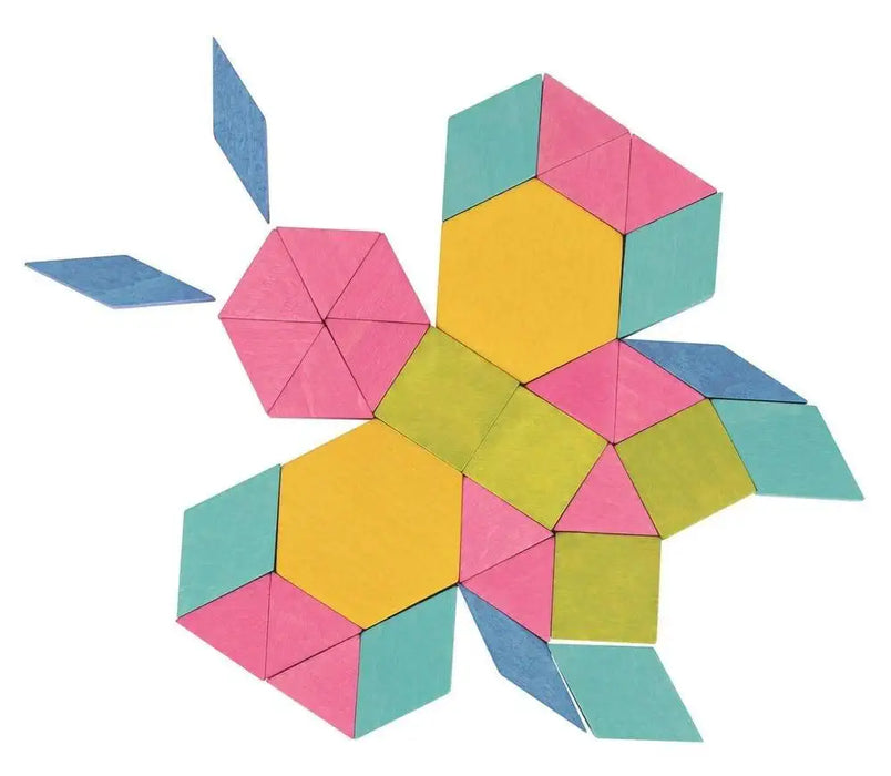 Colorful wooden mosaic blocks arranged in a butterfly pattern on a white background