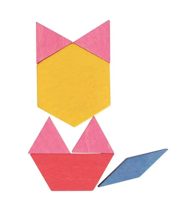 Wooden mosaic blocks arranged in a cat shape on white background, educational toy set